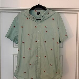 J. Crew Short-Sleeve Button-Down Shirt - Mint Green with Red Embroidery